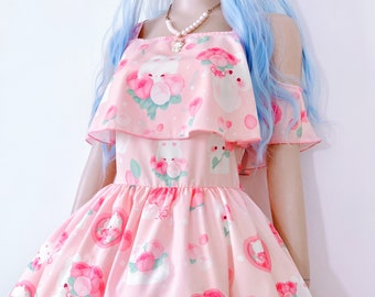 Rose bunnies - Cut out shoulder chiffon dress - Fairy kei, casual lolita, yume kawaii, cute rabbits, roses, pastel pink - CH5