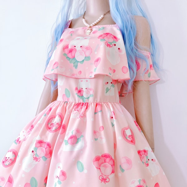 Rose bunnies - Cut out shoulder chiffon dress - Fairy kei, casual lolita, yume kawaii, cute rabbits, roses, pastel pink - CH5