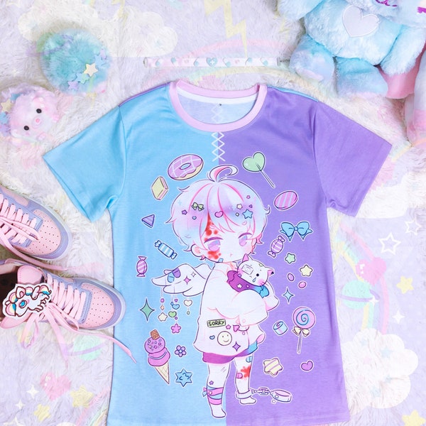 Schillernd – Unisex T-Shirt – blau und lila, Yume Kawaii, Fairy Kei, Pastell Goth, gruselig süß, Yami Kawaii, Decora Kei Boy T-Shirt – TM14