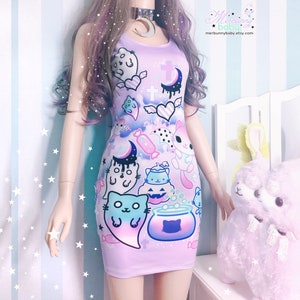 Magic cats - Bodycon dress - fairy kei, pastel goth, yume kawaii, spooky cute, pastel harajuku bodycon dress -  BD2