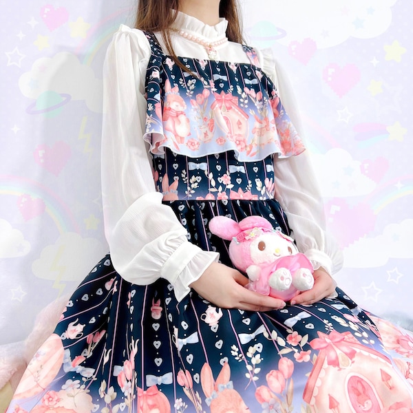 Spring bunnies - Cut out shoulder chiffon dress - Fairy kei, casual lolita, yume kawaii, cute rabbits, easter eggs, tulips - CH3