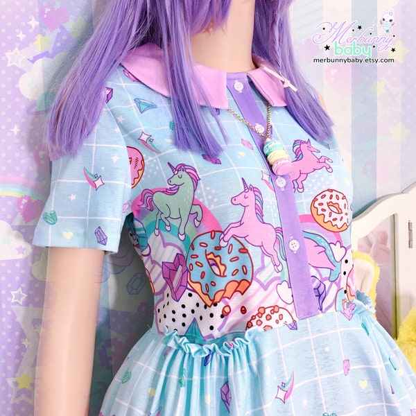 Crystal unicorn kingdom (Blue) - Cut out shoulder dress - fairy kei, casual lolita, yume kawaii, donuts, cute cotton collar dress -  CD3