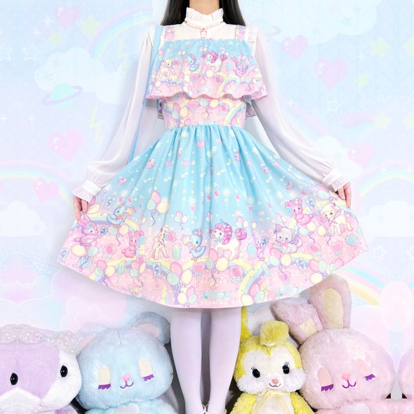 Dulce fiesta - Vestido de gasa con hombros recortados - Fairy kei, lolita casual, yume kawaii, animales lindos, arco iris pastel, globos rosas azules - CH2