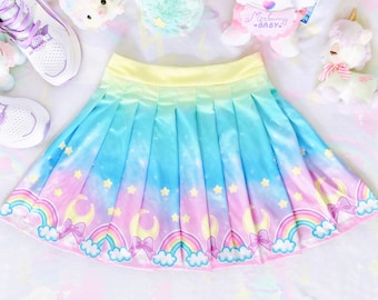 Dromerige maan - Geplooide rok - schattig, yume kawaii, fairy kei, zoet, pastel gradiënt hemel, halve maan, sterren, regenboog galaxy harajuku rok - PS5