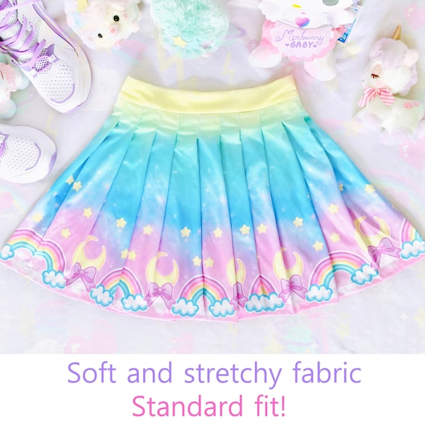 Dreamy moon - Pleated skirt - cute, yume kawaii, fairy kei, sweet, pastel gradient sky, crescent, stars, rainbow galaxy harajuku skirt - PS5