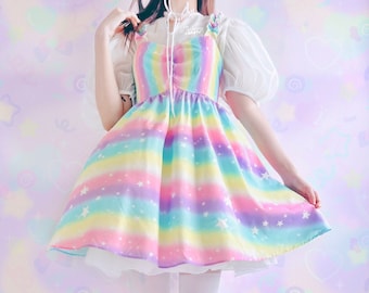 Lollipop - Ruffle Strap Babydoll chiffon dress - Sweet yume kawaii, fairy kei, cute colorful stripes, stars, harajuku, pastel rainbow -  RD1