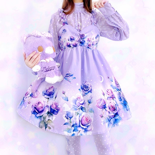 Forget me not - Ruffle Strap Babydoll chiffon dress - yume kawaii, fairy kei, purple roses, stars, lavender, cute kawaii lolita -  RD2