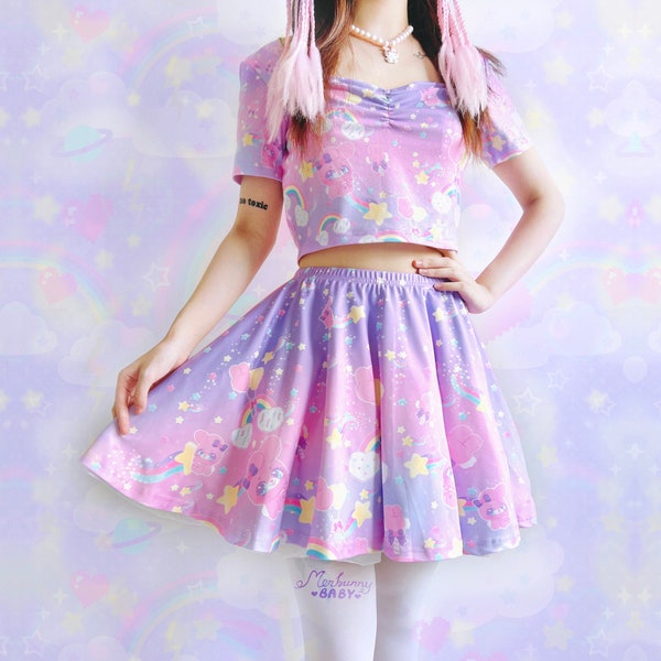 Sugar bunny - Set [Crop Top + Rock] - Niedlicher Regenbogen Himmel Sterne Wolken, bunt pastell, yume kawaii, fairy kei, pastel Galaxie - CT12S12