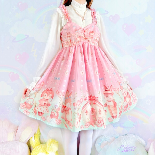 Spring bunnies - Ruffle strap babydoll chiffon dress - Fairy kei, casual lolita, yume kawaii, cute rabbits, pink, easter eggs, tulips -  RD3