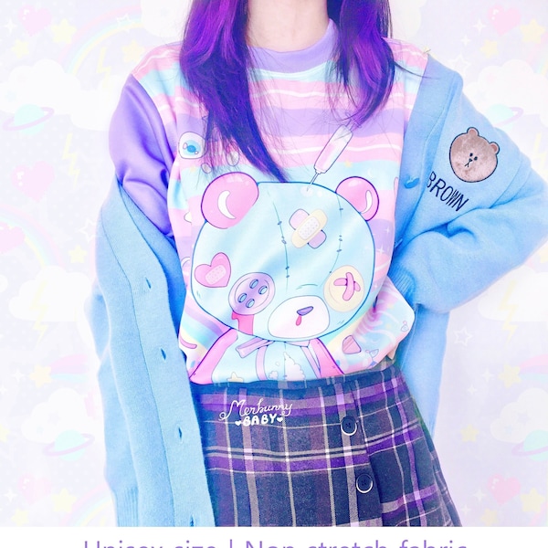 Hurt Bear - Unisex Sweatshirt - Süßer kawaii Regenbogenbär, Fairy Kei, Menhera, Yami Kawaii, Harajuku, gruselig süß - SS23