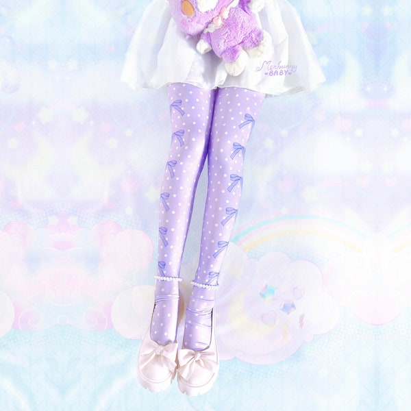 Forget me not - Tights - Yume kawaii, fairy kei, pastel purple roses, stars, lavender, cute kawaii polka dots, lolita - Tg14