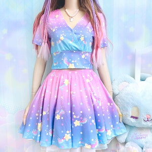 Shooting star - Set [crop top + skirt] - Cute rainbow sky, colorful pastel, yume kawaii, fairy kei, pink blue purple galaxy - CT10S10