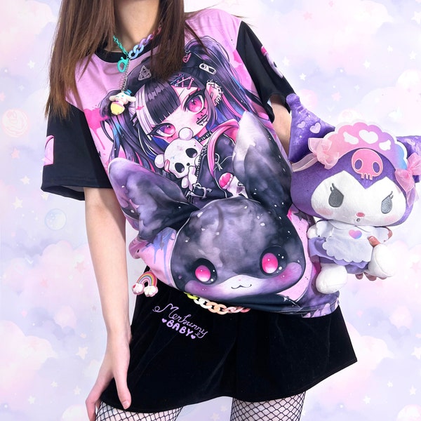 Black bunny - Unisex T-shirt - Creepy cute anime girl, yami kawaii, kawaii goth, pink black harajuku tee - TM25