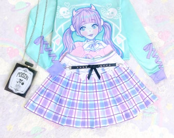 Plaid pastel - jupe plissée - kawaii cute, yume kawaii, fairy kei, plaid violet bleu rose, goth pastel, jupe harajuku - PS3