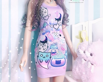 Magic cats - Bodycon dress - fairy kei, pastel goth, yume kawaii, spooky cute, pastel harajuku bodycon dress -  BD2