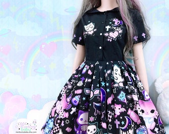 Magic cats - Sailor colar dress - Kawaii pastel goth, creepy cute, melty crescent, spooky cat ghost, harajuku, purple black -  SCD1