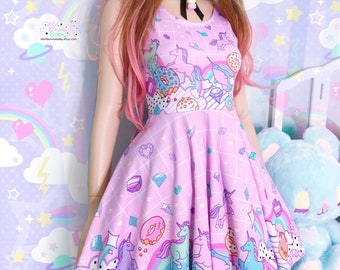 Royaume de licorne en cristal (rose) - robe patineuse - fairy kei, lolita décontractée, yume kawaii, gemmes, beignets, arc-en-ciel, pastel mignon harajuku - SD40
