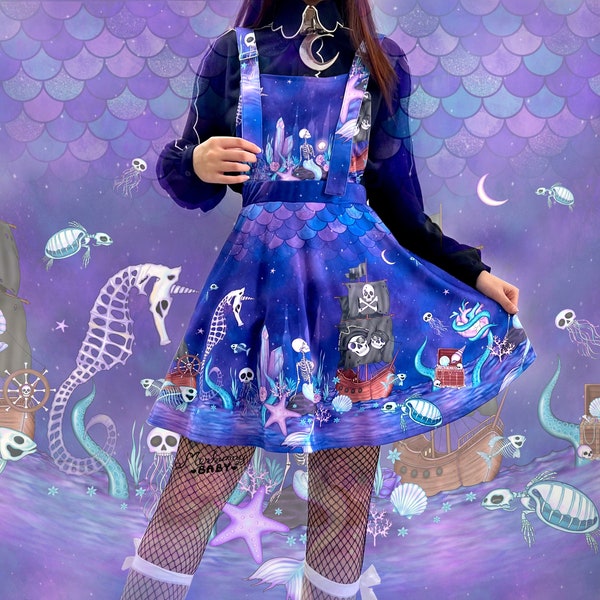 Siren of the dead sea - Apron dress - Skeleton mermaid, spooky pirates, pastel goth, creepy stormy sea, dark, Harajuku overall dress - AD4