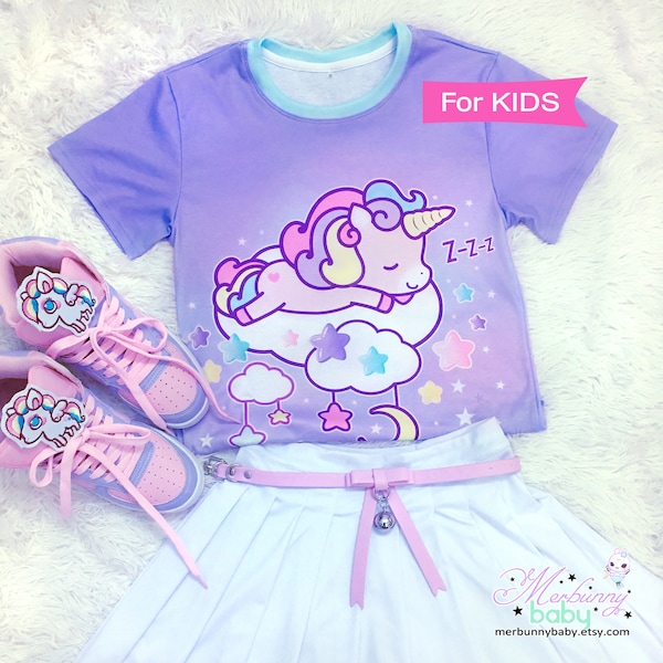 Unicornio durmiente - Camiseta para NIÑOs - Lindo unicornio pastel kawaii, yume kawaii, fairy kei, harajuku, camiseta de nube de luna estrella púrpura - TM3k