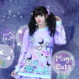 Magic cats - Unisex sweatshirt - kawaii, pastel goth, creepy cute, melty crescent, bat cats, ghost, halloween, harajuku, purple - SS5