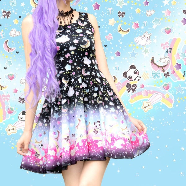 Over the rainbow (black) - skater dress, cute kawaii stars moons clouds fairy kei dress, harajuku casual lolita, plus size dress -  SD22