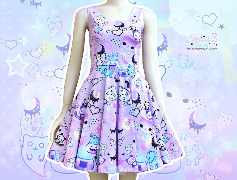 Magic cats - pastel goth skater dress, kawaii Halloween skater dress, fairy kei dress, kawaii goth, harajuku, creepy cute dress -  SD30 