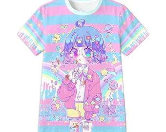 Rainbow girl - Unisex T-shirt - (Eco-friendly fabric) pink blue strips, decora kei, anime chibi, kawaii colorful, cute, harajuku - ET13
