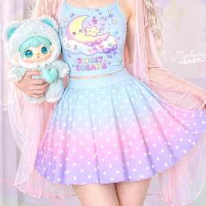 Dreamy polka dots - Skater skirt - Fairy kei, pastel blue pink purple gradient, yume kawaii, cute harajuku skirt - S1 image 1