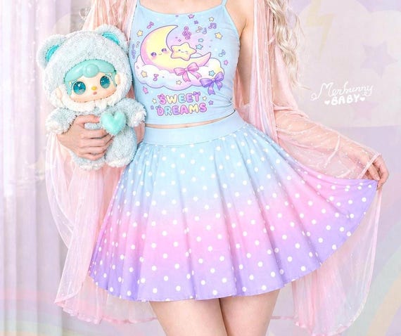 Dreamy polka dots - Skater skirt - Fairy kei, pastel blue pink purple gradient, yume kawaii, cute harajuku skirt - S1