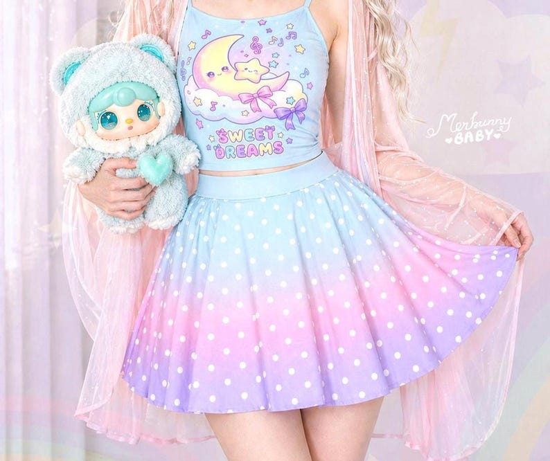 Dreamy polka dots - Skater skirt - Fairy kei, pastel blue pink purple gradient, yume kawaii, cute harajuku skirt - S1 image 1