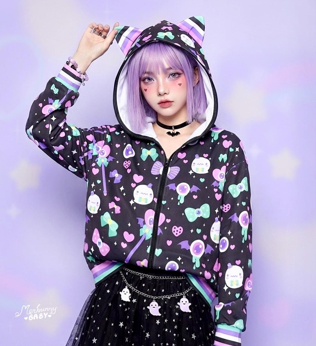 小さな幽霊 - 猫耳付きユニセックスジッパーパーカー - 目玉、パステル