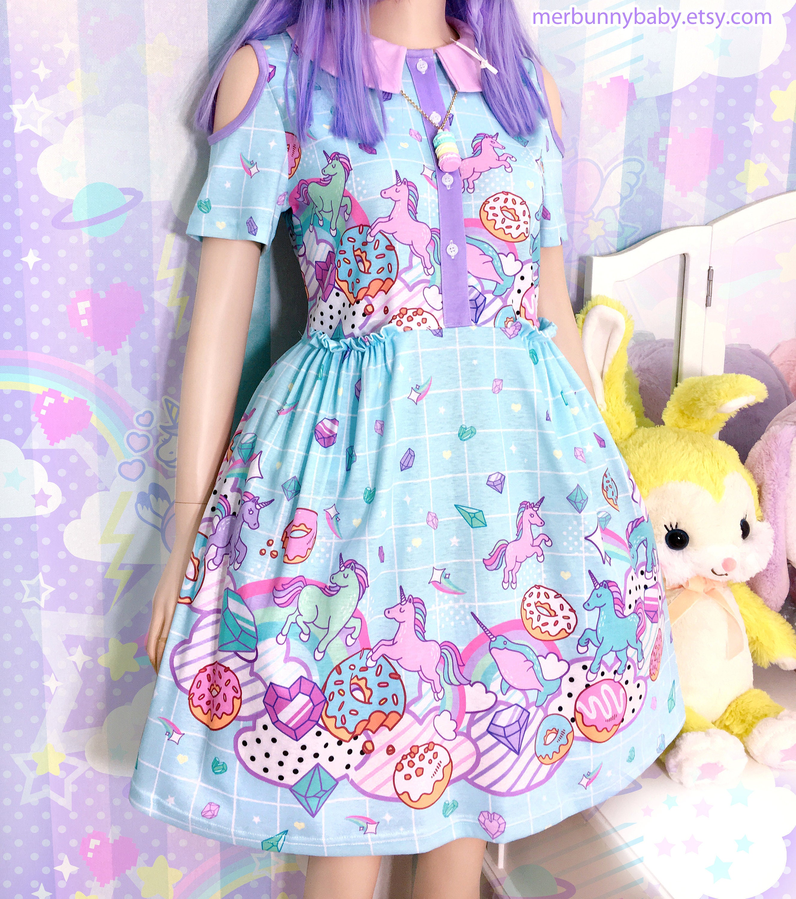 Crystal Unicorn Kingdom blue Cut Out Shoulder Dress Fairy Kei