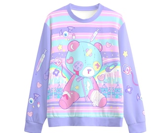Urso machucado - Moletom unissex - Urso arco-íris kawaii fofo, fairy kei, menhera, yami kawaii, harajuku, pastel goth, decora kei - SS7