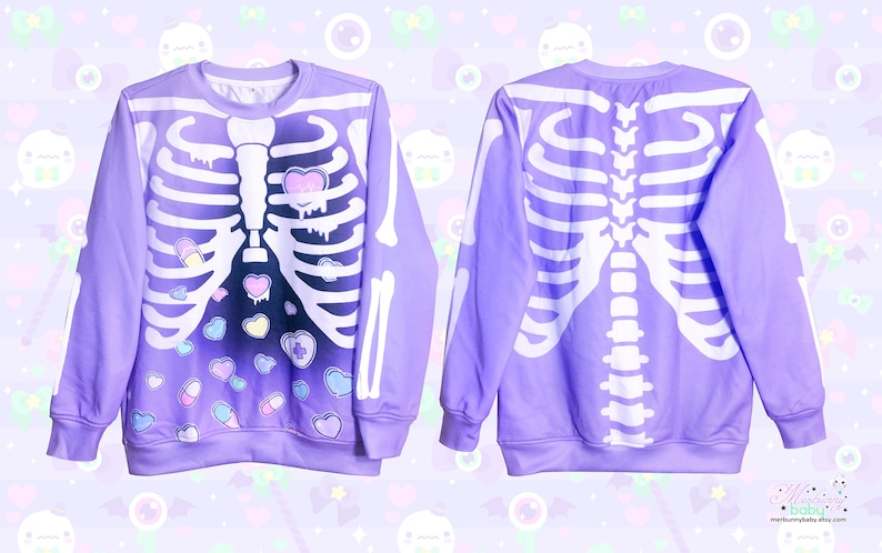 Broken hearts Unisex sweatshirt Rib cage, kawaii cute , purple, pastel goth, menhera, yami kawaii, skeleton, harajuku SS17 image 3