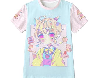 Peach nekoboy - Unisex T-shirt - (Eco-friendly fabric) cute anime, decora kei, yume kawaii, fairy kei, chibi, blue pink, harajuku - ET17