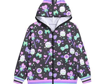 Pequeño fantasma - Sudadera unisex con cremallera y orejas de gato - globos oculares, gótico pastel, espeluznante y tierno, yami kawaii, moda alternativa harajuku - CH3
