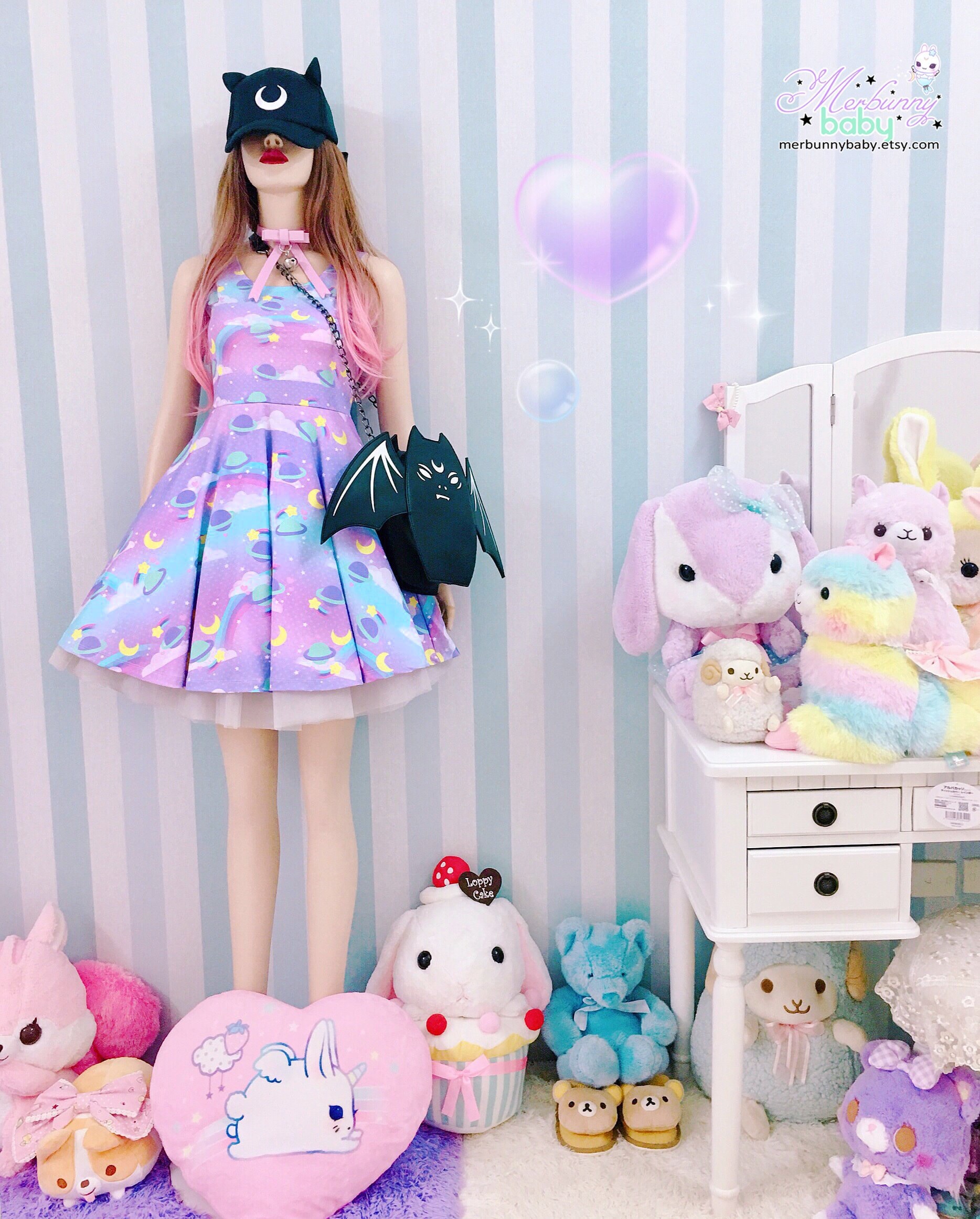 Fairy Sweet SD37 Dress Skater Moons Casual Kawaii, Etsy - Dress Colorful, Pastel Stars Planets, Cute Lolita Sweet Kei, Clouds, Galaxy Dreamy