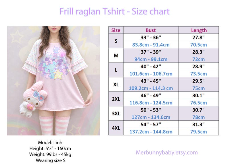 May include: A light pink frill raglan t-shirt with short layered sleeves and a graphic print of a blue creature, stars, and hearts. The image includes a size chart with bust and length measurements in inches and centimetres for sizes S to 4XL.