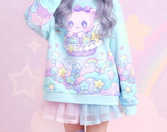 Sudadera unisex con estrellas - Oso lindo, estilo hada kei, Yume Kawaii, jardín de nubes, cielo kawaii, estilo Harajuku, Jfashion - SS9