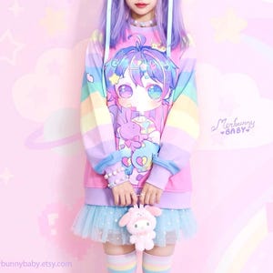 Piruli - Sudadera unisex - chico chibi de anime pastel, arcoíris dulce, fairy kei, yume kawaii, conejito lindo, harajuku, sudadera rosa - SS5 imagen 1
