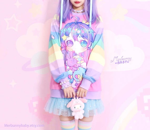 Piruli - Unisex sweatshirt - pastel anime chibi boy, sweet rainbow, fairy kei, yume kawaii, cute bunny, harajuku, pink sweatshirt - SS5