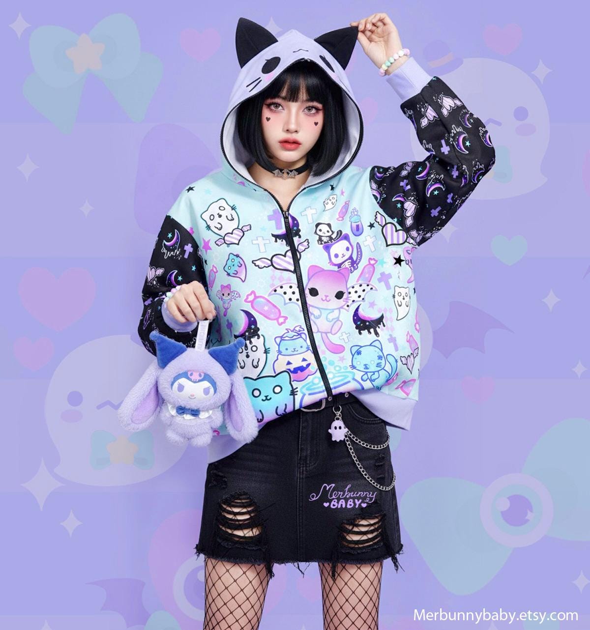 Magic Cats - Unisex Zipper Hoodie With Cat Ears - Kawaii, Pastel