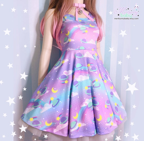 Sweet galaxy skater dress fairy kei pastel colorful sweet kawaii cute planets stars moons clouds casual lolita dreamy dress SD37