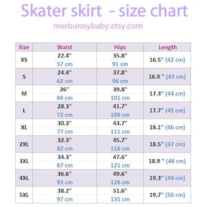 May include: A skater skirt size chart with the text Skater skirt - size chart and merbunnybaby.etsy.com. The table lists sizes from XS to 5XL with corresponding waist, hip, and length measurements in inches and centimeters for each size category.