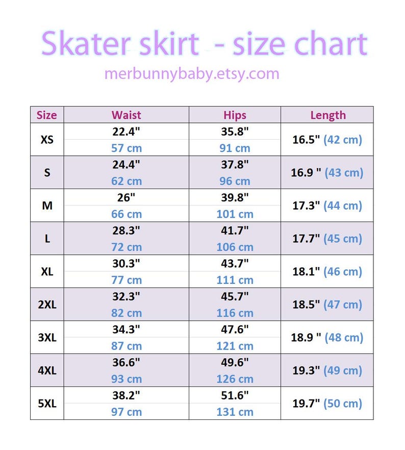 May include: A skater skirt size chart with the text Skater skirt - size chart and merbunnybaby.etsy.com. The table lists sizes from XS to 5XL with corresponding waist, hip, and length measurements in inches and centimeters for each size category.