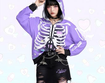 Broken hearts - Unisex zipper hoodie with cat ears - Rib cage, spooky cute, pastel goth, menhera, halloween, creepy cute skeleton - CH2