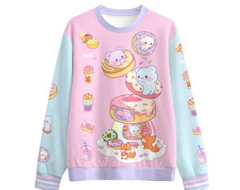Sudadera unisex con estampado de ositos, zorro kawaii, estilo yume kawaii, fairy kei, comida kawaii, donuts adorables y un toque harajuku rosa y azul - SS6