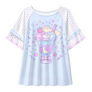 Månbelyst sundae - T-shirt med volang och raglanärm - fairy kei t-shirt, yume kawaii, söt glass, parfait, prickar, harajuku, jfashion - FT1