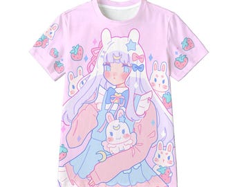Camiseta unisex con conejita fresa (tejido ecológico) - Yume kawaii, hada kei, linda, rosa pastel, chica anime, harajuku - ET20