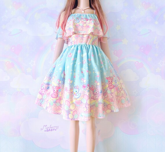 Sweet Party Cut Out Shoulder Chiffon Dress Fairy Kei Casual Lolita Yume Kawaii Cute Animals Pastel Rainbow Blue Pink Balloons CH2 Etsy UK